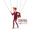 Manipulation Businessman Vector. Puppet Master And Employee. Worker On Ropes. Unfairly Using. Big Hand. Cartoon