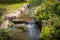 Manmade stream and waterfall flowing through park with lots of foliage and water plants