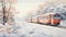 Manned Train Winter Watercolor Painting In Japan