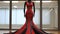 A mannequin dressed in a red and black dress. Generative AI image.
