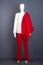 Mannequin with red female suit and white sweater.