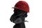 a mannequin with Safety helmets and gas filter mask; white background; Working Hard Hat;Personel Protection Equipment PPE