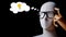 Mannequin wears eyeglasses in thinking bright idea gesture with light bulb in thinking bubble icon on black background