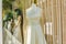 Mannequin in window display. Showcase mannequin wedding dress