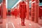 Mannequins dressed in red in a store. Generative AI image.