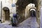 Mannequins with women dress on the narrow streets of Mesta