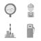 Manometer, worker oilman, fuel refueling, oil factory. Oil industry set collection icons in monochrome style vector