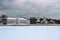 Manor Palace in Kuskovo in winter, Moscow, Russia, view across the pond.