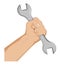 Mans hand clenches huge wrench in fist. Hard work, working professions. Labor Day. Isolated vector on white background