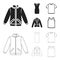 A mans jacket, a tunic, a T-shirt, a business suit. Clothes set collection icons in black,outline style vector symbol