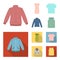 A mans jacket, a tunic, a T-shirt, a business suit. Clothes set collection icons in cartoon,flat style vector symbol