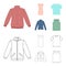 A mans jacket, a tunic, a T-shirt, a business suit. Clothes set collection icons in cartoon,outline style vector symbol