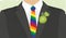 A mans suit with rainbow tie and green carnation
