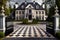 mansion with grand iron gate, set against black and white checkered gravel driveway