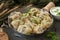 Manti or manty traditional oriental steamed dish with beef