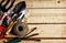 Manual garden tools on boardwalk