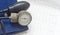 Manual pressure meter on medical background, copyspace