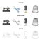 Manual sewing machine, scissors, maniken, thimble.Sewing or tailoring tools set collection icons in cartoon,outline