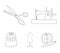 Manual sewing machine, scissors, maniken, thimble.Sewing or tailoring tools set collection icons in outline style vector
