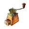 Manual vintage coffee grinder, watercolor illustration.