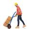 Manual Worker Is Walking And Pushing Hand Truck