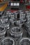 Manufacture of bearings in the factory.The chrome surface of products. Industrial theme. Production of bearings