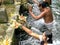 MANUKAYA, INDONESIA- MARCH, 22, 2018: hindu woman places offering at holy water temple on bali