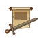 Manuscript scroll and ancient sword vector icon for vintage books reading or poetry literature or bookstore and library
