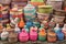 Many african straw baskets on a market stand