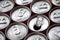 Many aluminium soda drink cans. Advertising for Soda drinks or tin cans mass manufacturing