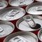 Many aluminium soda drink cans. Advertising for Soda drinks or tin cans mass manufacturing