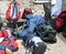 Many backpacks after the mountain hike in the Woods