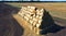 Many bales of rolls of dry straw after wheat harvest on field. Bales form rolls