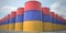 Many barrels with flag of Armenia. Oil or chemical industry supply related 3D rendering