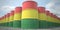 Many barrels with flag of Bolivia. Oil or chemical industry supply related 3D rendering