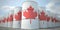 Many barrels with flag of Canada. Oil or chemical industry supply related 3D rendering