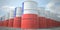 Many barrels with flag of Chile. Oil or chemical industry supply related 3D rendering