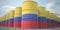 Many barrels with flag of Colombia. Oil or chemical industry supply related 3D rendering