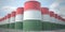 Many barrels with flag of Hungary. Oil or chemical industry supply related 3D rendering