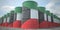 Many barrels with flag of Kuwait. Oil or chemical industry supply related 3D rendering