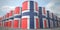 Many barrels with flag of Norway. Oil or chemical industry supply related 3D rendering