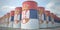 Many barrels with flag of Serbia. Oil or chemical industry supply related 3D rendering