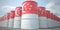 Many barrels with flag of Singapore. Oil or chemical industry supply related 3D rendering