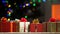Many beautifully decorated presents near X-mas tree glowing with lights, magic