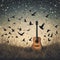 Many birds flying around a guitar in the grass, album cover.