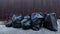 Many black bags, garbage bags beside the leaky