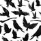 Many black birds, forest seamless pattern, monochrome watercolor illustration