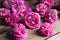 Many blossoming flowers of a pink tea house, wooden background, texture