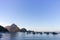 Many boats in tropical harbor in the evening. Sunset in lagoon in Philippines,Palawan, El Nido. Traditional philippines sailboats.