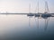 Many boats and yachts anchored at the touristic port or harbor in Mangalia, Constanta